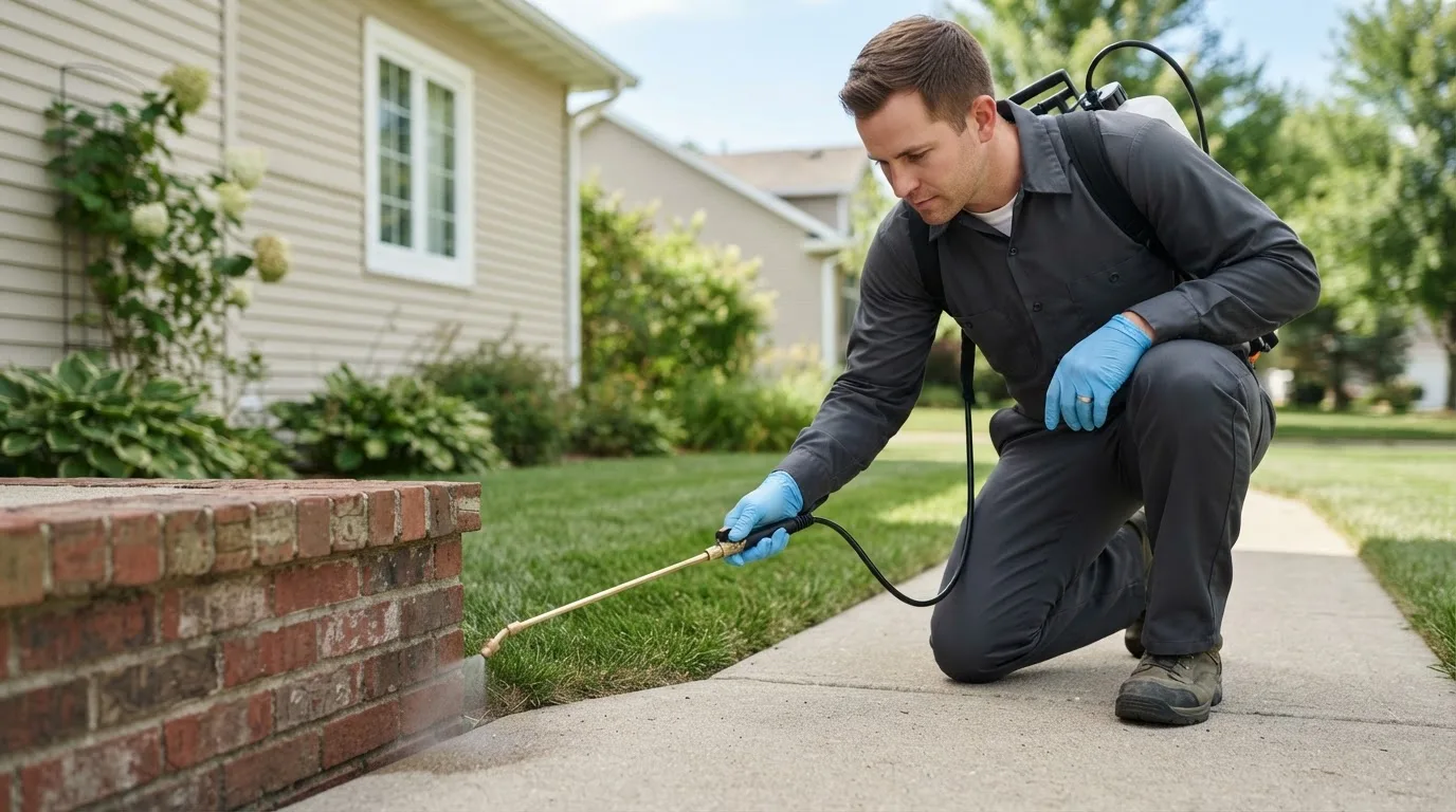 Pest control technician treating a home near Woodbury, VT